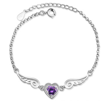Крылья ангела фиолетовые браслеты с бриллиантами для женщин, серебряные браслеты с сердечками из циркона с медным паве
